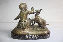 Ancient bronze group of a young girl with a goat, 19th century, unsigned