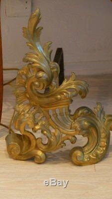 Andirons Pair Louis XV Rocaille Gilt Bronze, Xixth Era