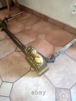 Andirons, fireplace bar with bronze lions, Restoration/Empire period, 19th century
