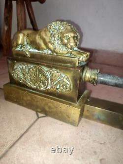 Andirons, fireplace bar with bronze lions, Restoration/Empire period, 19th century