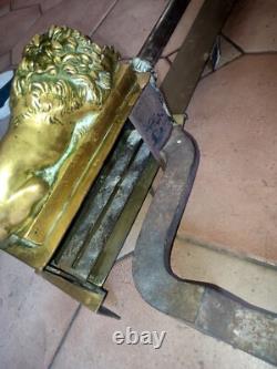 Andirons, fireplace bar with bronze lions, Restoration/Empire period, 19th century