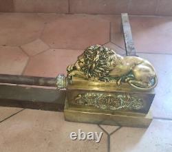 Andirons, fireplace bar with bronze lions, Restoration/Empire period, 19th century