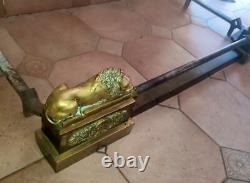 Andirons with bronze lion firebar, Restoration/Empire period, 19th century