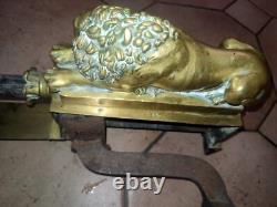 Andirons with bronze lion firebar, Restoration/Empire period, 19th century