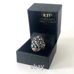 Antique 800 silver ring with garnets and turquoises, Belle Époque, late 19th century