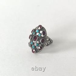 Antique 800 silver ring with garnets and turquoises, Belle Époque, late 19th century