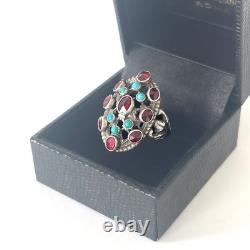 Antique 800 silver ring with garnets and turquoises, Belle Époque, late 19th century