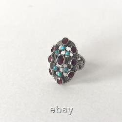 Antique 800 silver ring with garnets and turquoises, Belle Époque, late 19th century