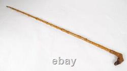 Antique Carved Wooden Cane with Deer Antler Handle, 19th Century