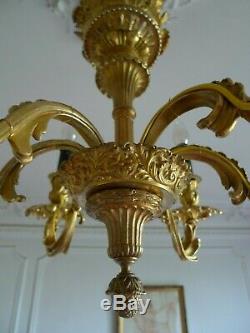 Antique Chandelier A 6 Arm Bronze Light Louis XV Style Napoleon III Era XIX Em