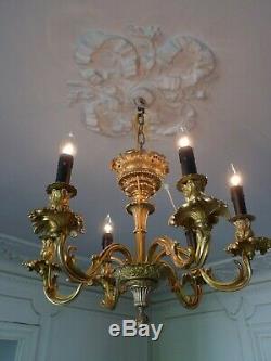 Antique Chandelier A 6 Arm Bronze Light Louis XV Style Napoleon III Era XIX Em