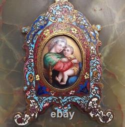 Antique Cloisonné Enamel Holy Water Font Virgin and Child Jesus Madonna 19th Century