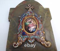 Antique Cloisonné Enamel Holy Water Font Virgin and Child Jesus Madonna 19th Century