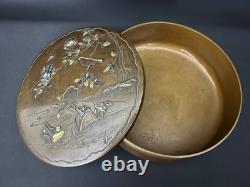 Antique Japanese bronze box with inlaid decoration, Meiji period