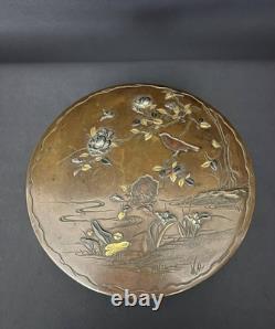 Antique Japanese bronze box with inlaid decoration, Meiji period