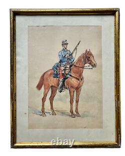 Aquarelle Drawing Military Character Soldier To Horse Cavalry Age 19th