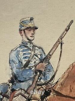 Aquarelle Drawing Military Character Soldier To Horse Cavalry Age 19th