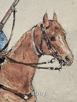 Aquarelle Drawing Military Character Soldier To Horse Cavalry Age 19th