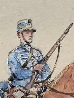 Aquarelle Drawing Military Character Soldier To Horse Cavalry Age 19th