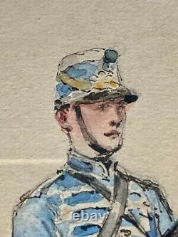 Aquarelle Drawing Military Character Soldier To Horse Cavalry Age 19th