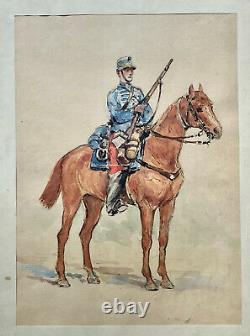 Aquarelle Drawing Military Character Soldier To Horse Cavalry Age 19th