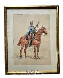 Aquarelle Drawing Military Character Soldier To Horse Cavalry Age 19th