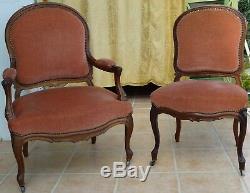 Armchairs / Chairs In Walnut. Trim Cloth Velvet. Epoque Nineteenth Century