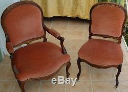 Armchairs / Chairs In Walnut. Trim Cloth Velvet. Epoque Nineteenth Century