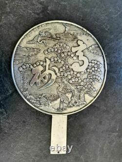 Beautiful Meiji Mirror Japan in Silvered Bronze 19th Century