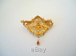 Beautiful Old 18k Gold Brooch Ruby And Diamonds Time XIX Th 18k Gold