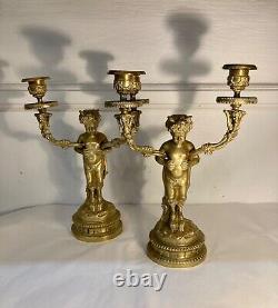 Beautiful Pair Of Bronze Candlesticks With Two Arms Of Light, Faunas. Age 19th