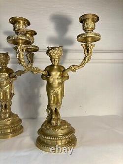 Beautiful Pair Of Bronze Candlesticks With Two Arms Of Light, Faunas. Age 19th