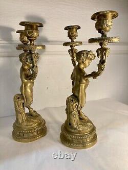 Beautiful Pair Of Bronze Candlesticks With Two Arms Of Light, Faunas. Age 19th