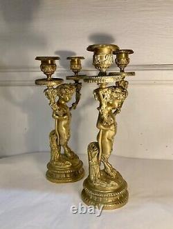 Beautiful Pair Of Bronze Candlesticks With Two Arms Of Light, Faunas. Age 19th