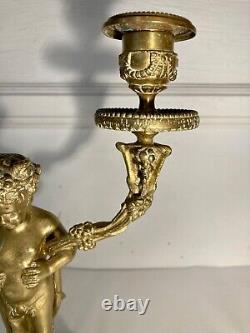 Beautiful Pair Of Bronze Candlesticks With Two Arms Of Light, Faunas. Age 19th