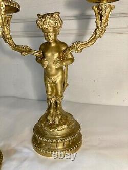 Beautiful Pair Of Bronze Candlesticks With Two Arms Of Light, Faunas. Age 19th