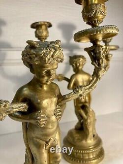 Beautiful Pair Of Bronze Candlesticks With Two Arms Of Light, Faunas. Age 19th