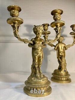 Beautiful Pair Of Bronze Candlesticks With Two Arms Of Light, Faunas. Age 19th