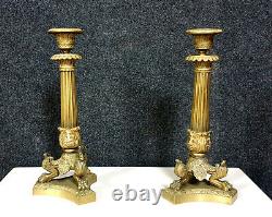 Beautiful Pair Of Empire Chandeliers In Gilded Bronze 19th Century