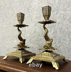 Beautiful Pair of Bronze Candlesticks with Dolphin Decor from the 19th Century