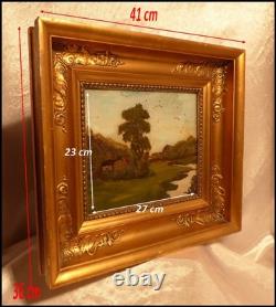 Beautiful Restoration-era frame, 19th century, and landscape painting fixed under glass, 41x36 cm