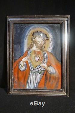 Beautiful Secured Under Glass Era Glazing Bead XIX Sacred Heart Christ Folk Art