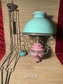 Beautiful Suspension XIX Th Epoque Napoleon III Green Opaline & Rose Glazed