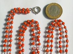 Beautiful and very large antique necklace / sautoir from the 19th century in silver and coral