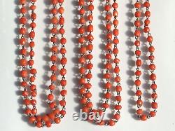 Beautiful and very large antique necklace / sautoir from the 19th century in silver and coral