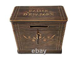 Box Tirelire Caisse D'epargne Bois Marqueterie Époque Xixème Antique Money Box