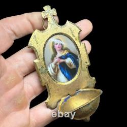Brass Holy Water Font Religious Painting on Ceramic 19th Century