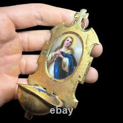 Brass Holy Water Font Religious Painting on Ceramic 19th Century