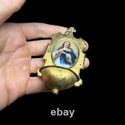 Brass Holy Water Font Religious Painting on Ceramic 19th Century