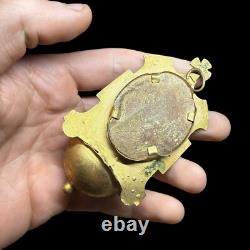Brass Holy Water Font Religious Painting on Ceramic 19th Century